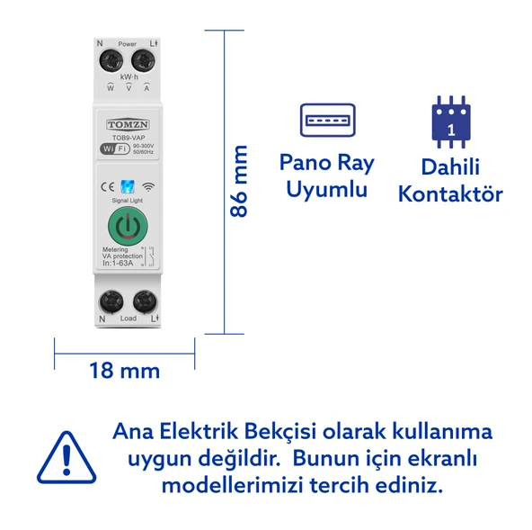 Tomzn Akıllı Voltaj ve Akım Koruma Rölesi, WiFi Özellikli Dahili Enerji Ölçer 63A - Akıllı Sigorta - Resim 2