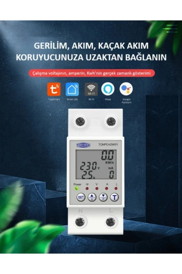 Tomzn Akıllı Kaçak Akım Koruma Rölesi ve Voltaj/Akım Koruyucu Röle 63A Monofaz - Ayarlanabilir KAR (10MA-99MA)