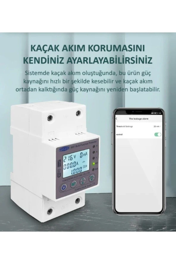 Tomzn Akıllı Kaçak Akım Rölesi ve Voltaj Akım Koruyucu Röle Gerilim 80A Monofaz (10mA-99mA) - 6
