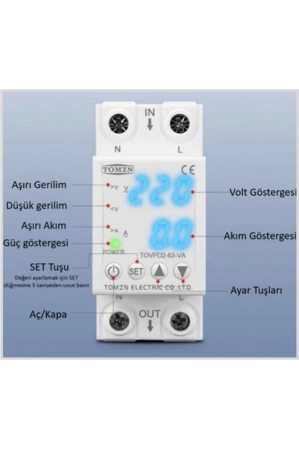 Tomzn Voltaj ve Akım Koruma Rölesi Yüksek Alçak Gerilim Akım Yıldırım Koruyucu 40A Yeni Tasarım