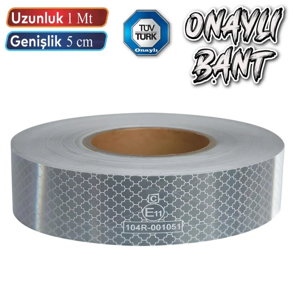 Tüvtürk Onaylı Belgeli Bant 1 Metre 5 cm Beyaz Reflektörlü Reflektif Fosforlu Şerit Bant İkaz Bandı