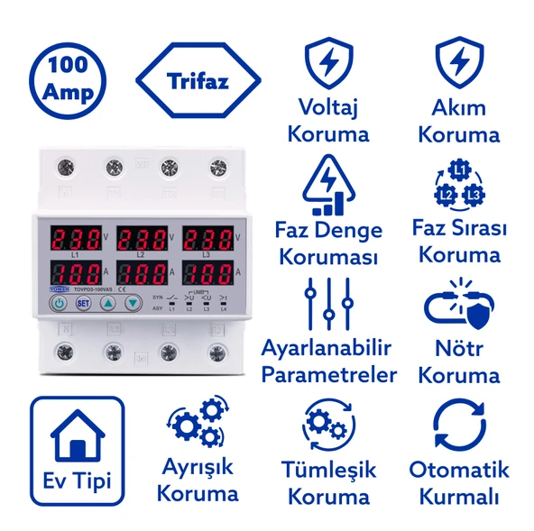 Tomzn Ayrışık Voltaj ve Akım Koruma Rölesi Gerilim Koruyucu 100A 3 Fazlı - Ev Tipi Trifaz ürün görseli 1