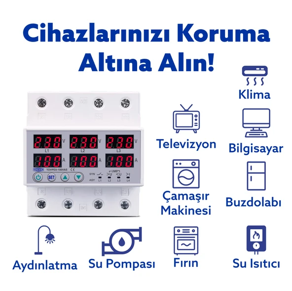 Tomzn Ayrışık Voltaj ve Akım Koruma Rölesi Gerilim Koruyucu 100A 3 Fazlı - Ev Tipi Trifaz - Resim 3