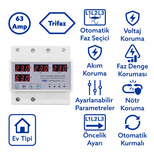 Tomzn Otomatik Faz Seçici ve Yüksek Alçak Voltaj Akım Koruma Rölesi 63A Dahili Kontaktör ürün görseli 1