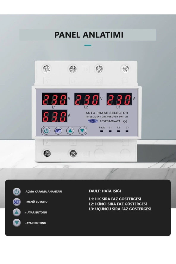 Tomzn Otomatik Faz Seçici ve Yüksek Alçak Voltaj Akım Koruma Rölesi 63A Dahili Kontaktör