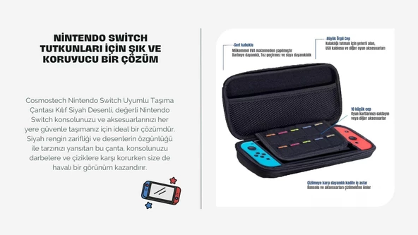 Cosmostech Nintendo Switch Oyun Konsolu Uyumlu Taşıma Çantası Kılıf Siyah Desenli - 3