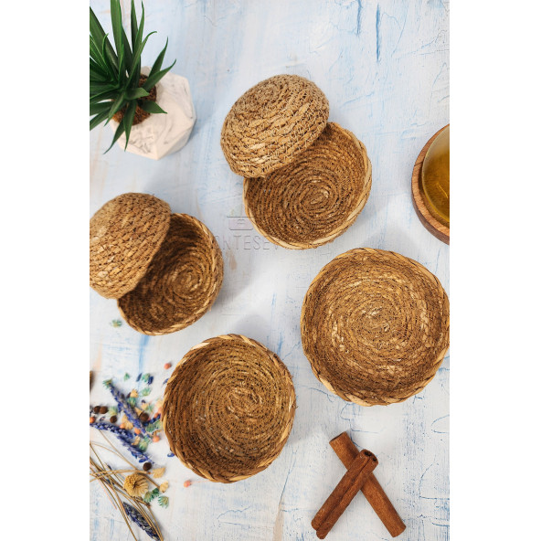 6 Adet Hasır Çerezlik Doğal Çerezlik Yuvarlak Sunum Kase ( Doğal Hasır ) 13 cm - 2