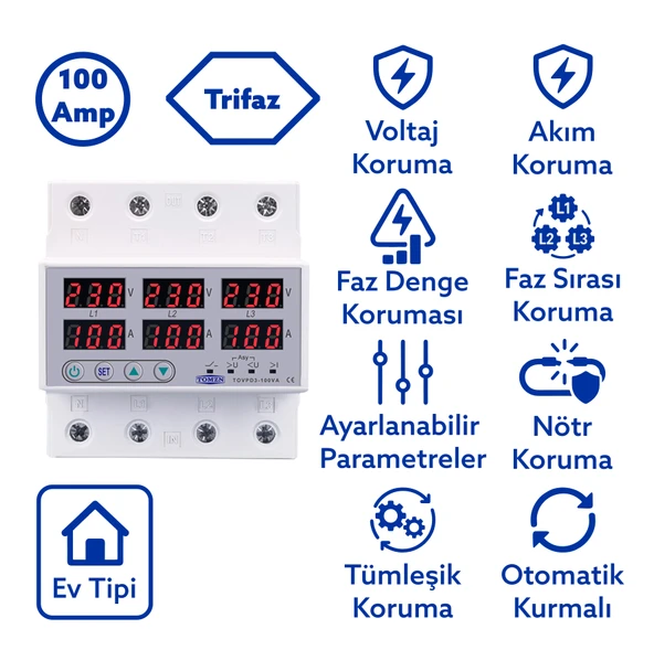 Tomzn Trifaz Gerilim ve Akım Koruma Rölesi Yüksek Alçak Voltaj Koruyucu Röle 220V 100A 3Faz ürün görseli 1