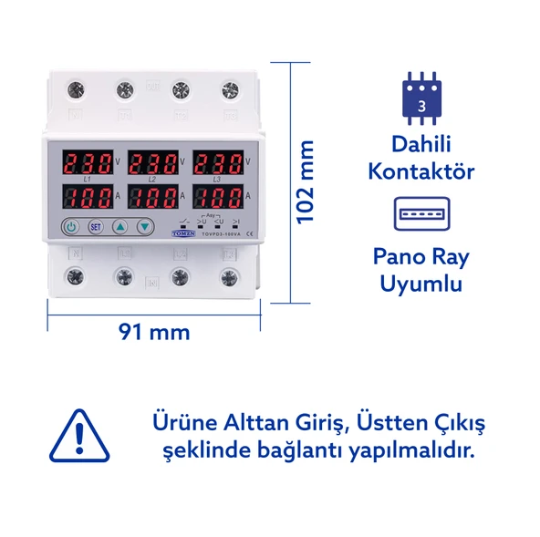 Tomzn Trifaz Gerilim ve Akım Koruma Rölesi Yüksek Alçak Voltaj Koruyucu Röle 220V 100A 3Faz - Resim 2