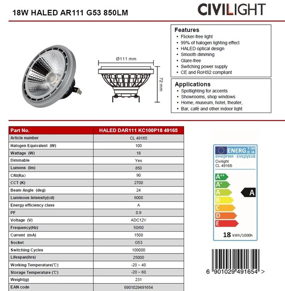 18W HALED AR111 G53 850LM 12V AMPÜL