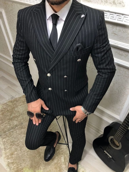 Tomiross Erkek Siyah Çizgili Italyan Kesim Slim Fit Takım Elbise Tkmelbs-8682 - 2