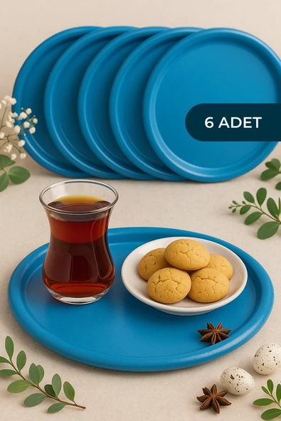 6'lı Turkuaz Yuvarlak Metal Tepsi, Tek Kişilik Çay ve Kahve Sunum Tepsisi 22cm