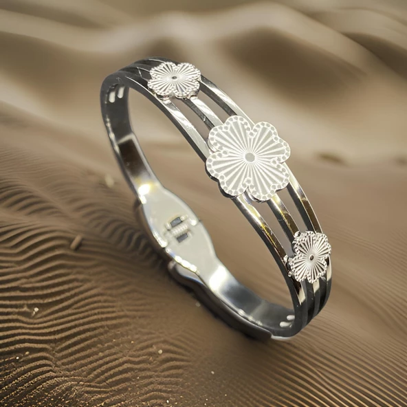 Yonca Yaprak Model Gümüş Renk Parlak 316L Antialerjik Kadın Çelik Bileklik - Şık ve Zarif Tasarım ürün görseli 1