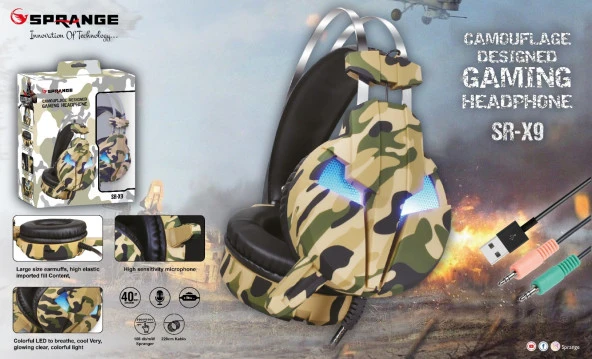 Sprange SR-X9 Mikrofonlu Kamuflaj Desenli LED Aydınlatmalı Oyuncu Kulaklığı - 5