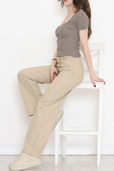 Çizgili Kare Yaka Bluz Kahve - 15892.1567. - Resim 4