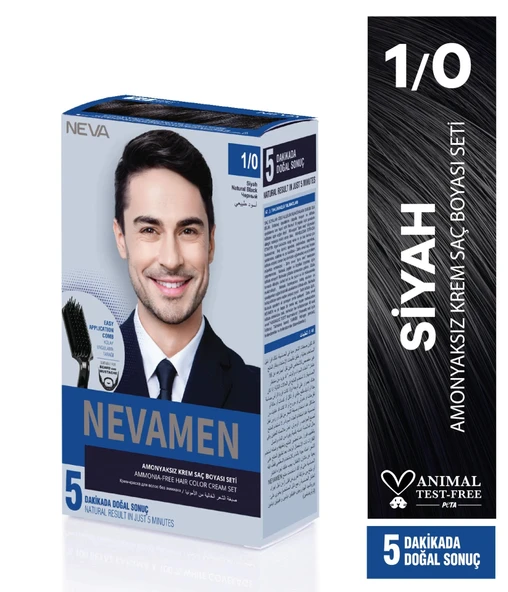 Neva Color Siyah Men Amonyaksız Krem Saç Boyası Seti 1/0