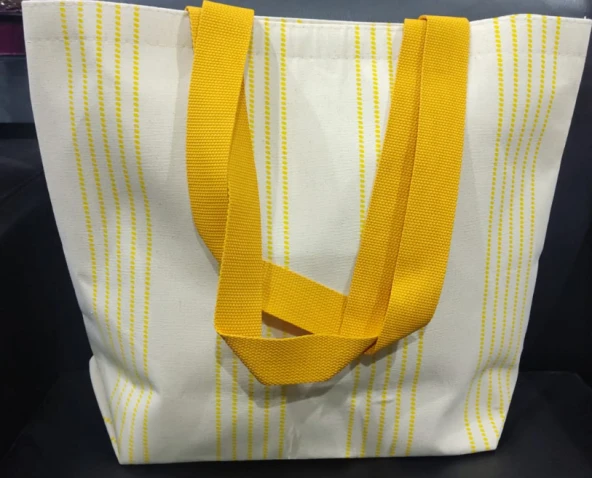 PLAJ ÇANTASI KETEN KREM&SARI ÇİZGİLİ BİODERM YAZILI ÖLÇÜLERİ : ENİ45CMX37YÜKSEKLİKX DERİNLİK12CM - 3