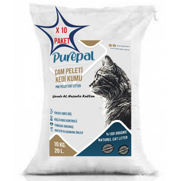 Purepal Doğal Çam Pelet Kedi Kumu 10 Kg 20 Lt (10 Paket)