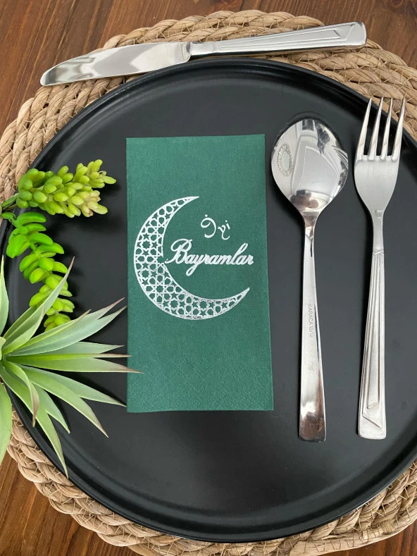 Gümüş Yaldızlı Yeşil İyi Bayramlar Peçete 16 lı ürün görseli 1