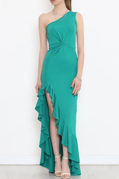 Fırfırlı Yırtmaçlı Elbise Zümrüt - 12244.631. - Resim 3