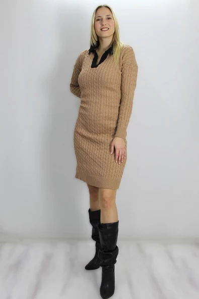 Gömlek Yaka Örme Triko Elbise Sütlükahve - 07190 - 4