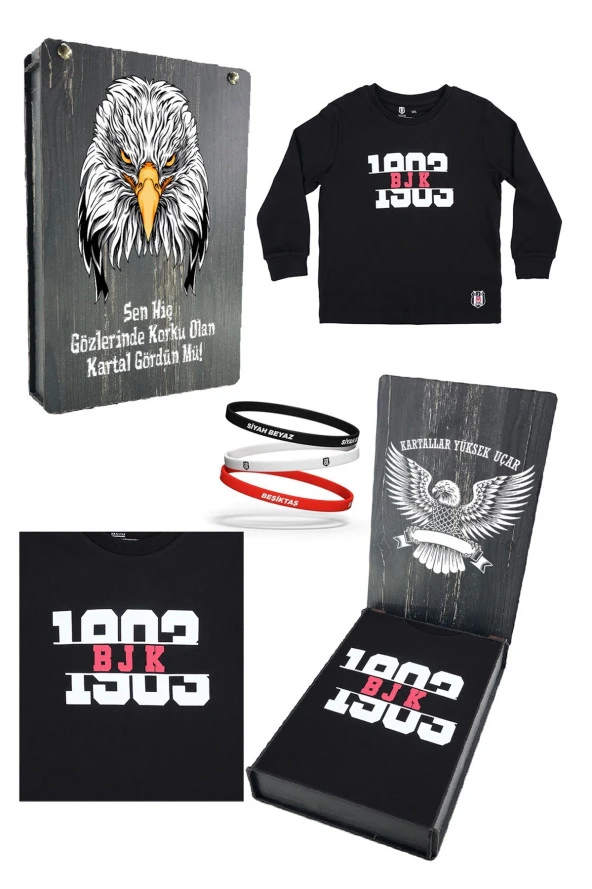 Beşiktaş Orijinal Lisanslı Siyah Çocuk Sweat + Bileklik Set Hediyelik Ahşap Kutulu