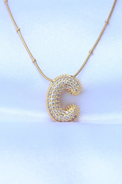 316L Çelik Zincirli Zirkon Taşlı C Harfli Gold Renk Bubble Kolye - TJ-BKO8700 - 1