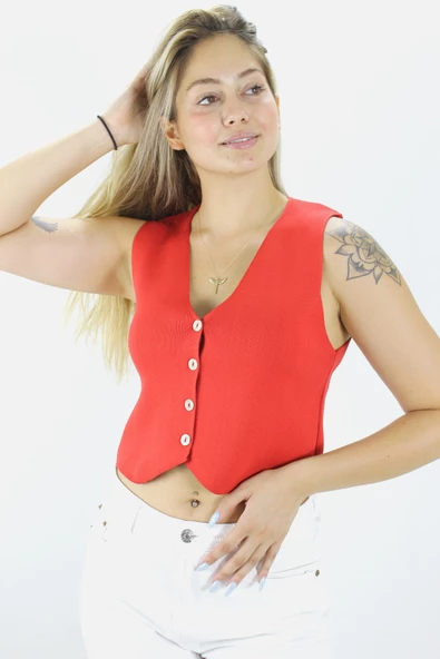 Düz Triko Crop Yelek Bluz Kırmızı - 1468.100 - 2