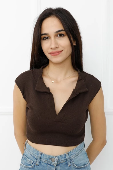 Hakim Yaka Dekolteli Crop Bady Kahve - P-020498 ürün görseli