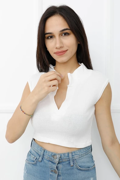 Hakim Yaka Dekolteli Crop Bady Ekru - P-020498 ürün görseli