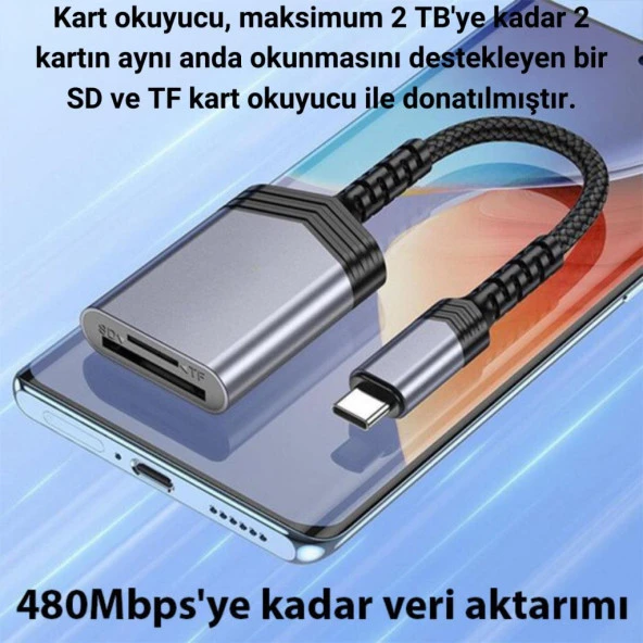 Coofbe Type-C to SD-MicroSD Hafıza Kart Okuyucu Dönüştürücü Adaptör 480Mbps Veri Aktarım Kart Okuyucu