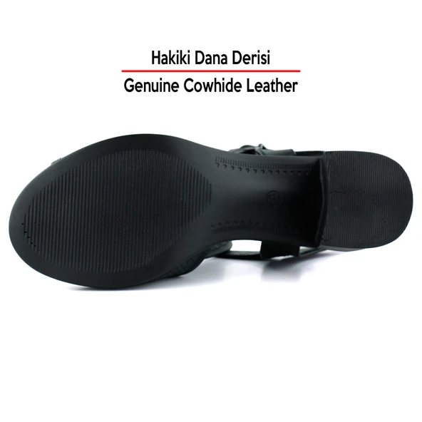 Erkan Saçmacı Elena Siyah Hakiki Dana Derisi Delik Detaylı Kalın Topuklu Rahat Günlük Sandalet - 6