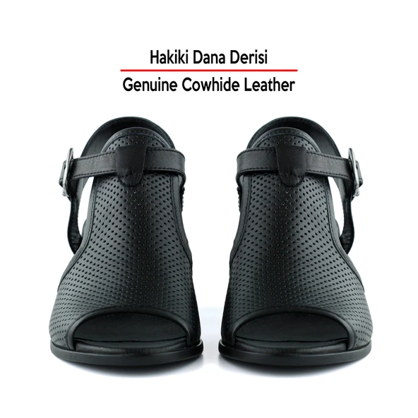 Erkan Saçmacı Elena Siyah Hakiki Dana Derisi Delik Detaylı Kalın Topuklu Rahat Günlük Sandalet - 4