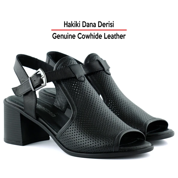 Erkan Saçmacı Elena Siyah Hakiki Dana Derisi Delik Detaylı Kalın Topuklu Rahat Günlük Sandalet - 3