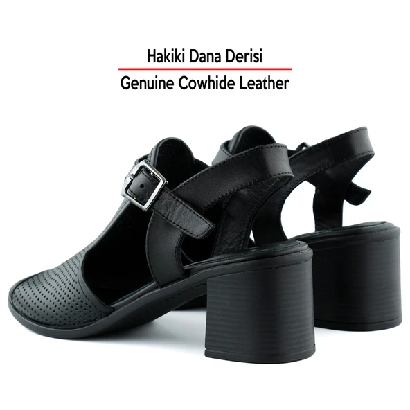 Erkan Saçmacı Elena Siyah Hakiki Dana Derisi Delik Detaylı Kalın Topuklu Rahat Günlük Sandalet - 5