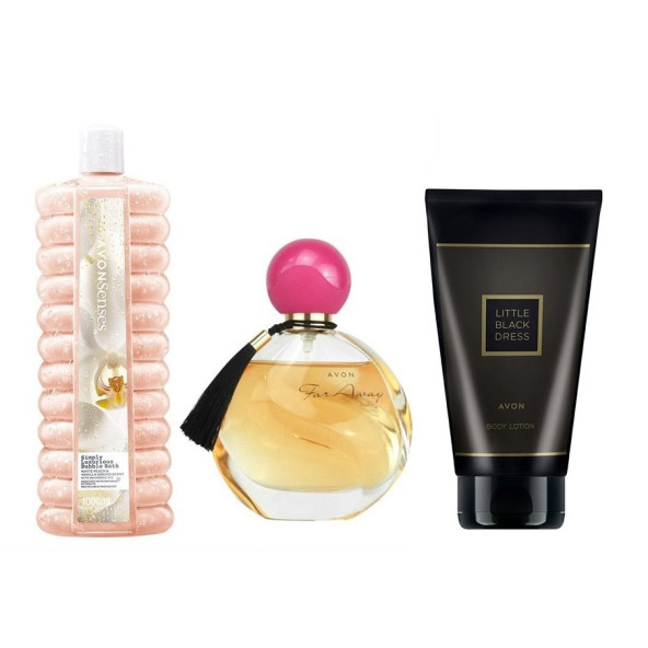 Avon Far Away 50 ml parfüm+Simply Luxurious banyo köpüğü 1000 ml+Little black dress vücut losyonu 150 ml