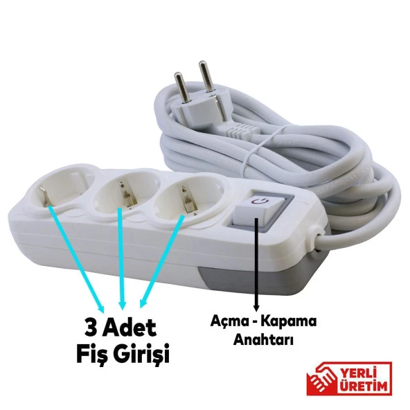 Anahtarlı Grup Priz 3'lü Topraklı 5 Metre Seyyar Ara Kablolu Uzatma Kablolusu Üçlü Piriz - 4