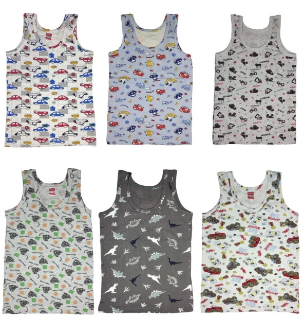 6 Adet Likralı Erkek Çocuk Empirme Desenli Mody Penye Askılı Atlet