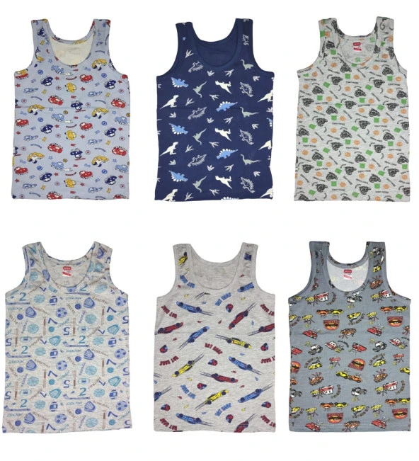 6 Adet Likralı Erkek Çocuk Empirme Desenli Mody Penye Askılı Atlet - 2