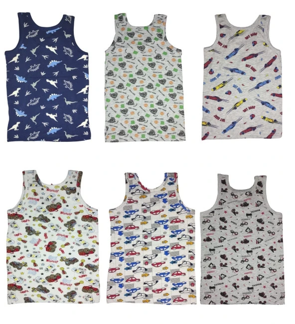 6 Adet Likralı Erkek Çocuk Empirme Desenli Mody Penye Askılı Atlet - 5