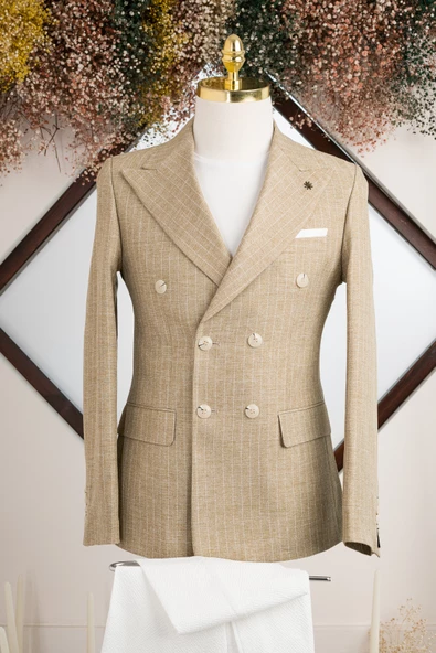 Slimfit Çift Yırtmaçlı Çizgili Sivri Yaka Astarlı Kruvaze Tek Ceket - 2