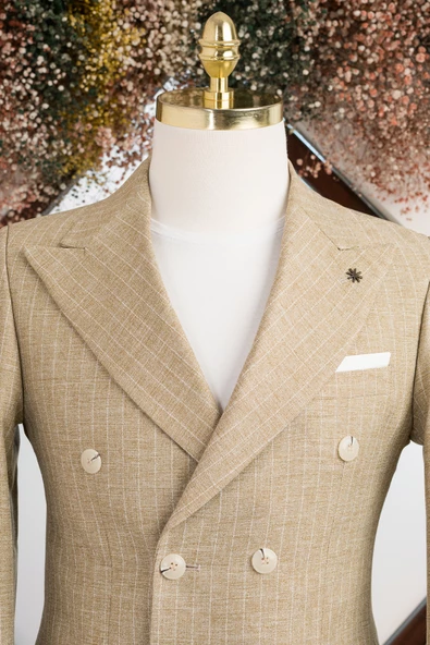 Slimfit Çift Yırtmaçlı Çizgili Sivri Yaka Astarlı Kruvaze Tek Ceket - 4