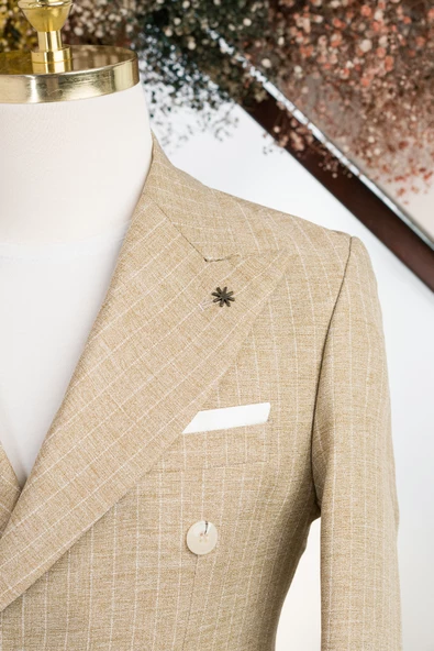 Slimfit Çift Yırtmaçlı Çizgili Sivri Yaka Astarlı Kruvaze Tek Ceket - 3