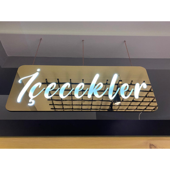 MYS İÇECEKLER MODERN GOLD AYNALI BEYAZ LED TABELA 100X40 CM