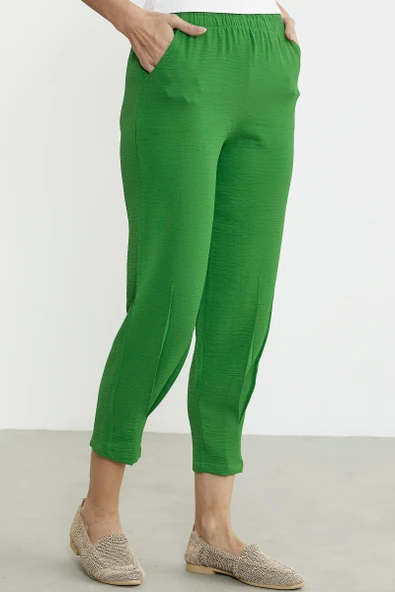 Paça Büzgü Detaylı Krep Pantolon - Yeşil - 3
