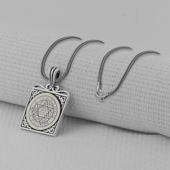 Hz Süleyman Mührü Kare Model 925 Ayar Gümüş Kolye - Resim 2