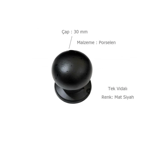 5 Adet Porselen Düğme Tek Vidalı Mat Siyah Mobilya Dolap Kulp - 2