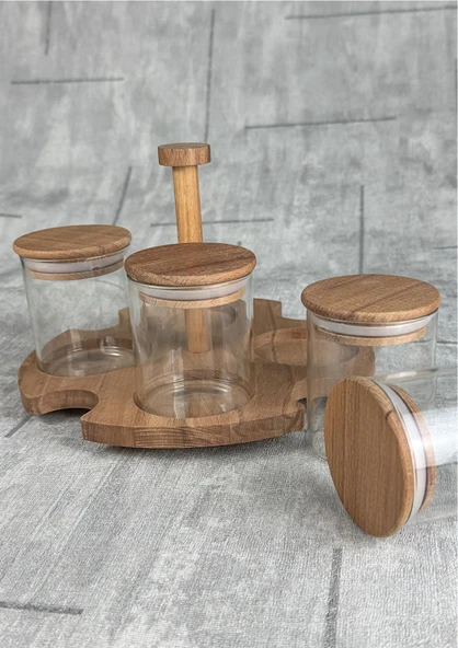 Bambu Kavanoz Seti - 5 Parça Stantlı Baharatlık Takımı - 230 ML - 3