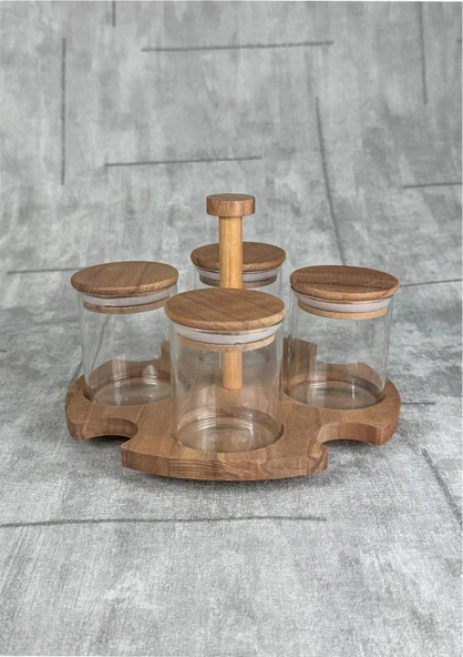 Bambu Kavanoz Seti - 5 Parça Stantlı Baharatlık Takımı - 230 ML