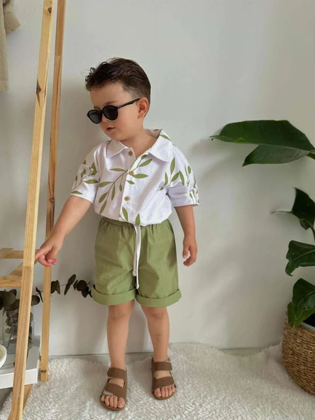 ERKEK ÇOCUK GÖMLEK MODELLİ KETEN ŞORTLU TAKIM